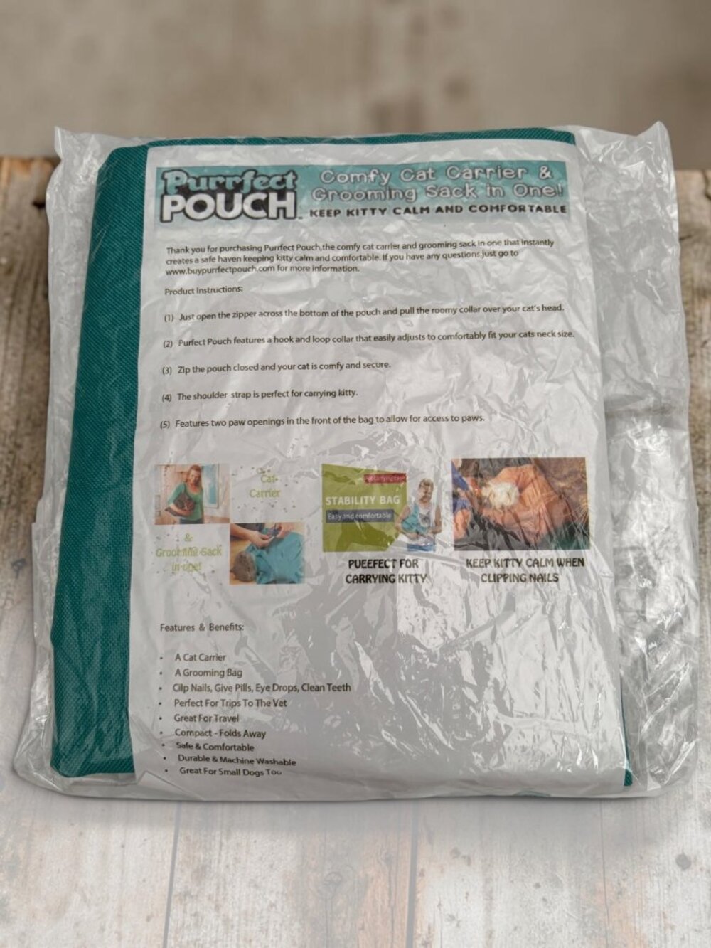 Purrfect Pouch Comfy Cat Carrier & Grooming Sack In One - Teal - Durable & Machi
